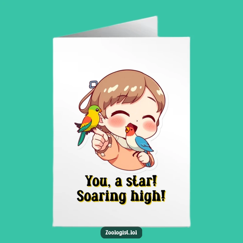 Free Printable Congrats Card: Excited Character & Bird - Funny Downloadable Gift