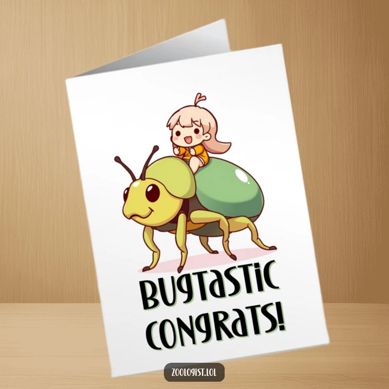 Funny Free Printable Congratulations Card showing a character ecstatic on a giant, friendly beetle, celebrating success.