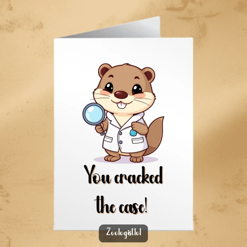 Funny Free Printable Congratulations Card: Otter in a lab coat peers through a magnifying glass, celebrating a brilliant success.