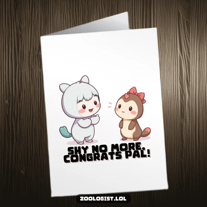 Funny Free Printable Congratulations Card: Character gently communicates with a bashful creature, celebrating achievements with downloadable warmth.