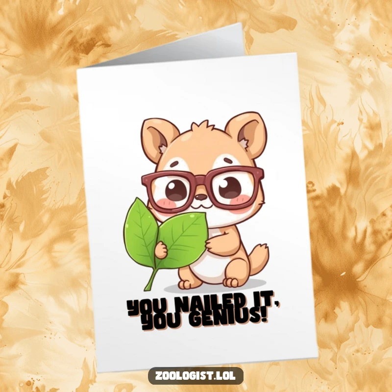Funny Free Printable Congratulations Card: Cute animal in oversized glasses examining a leaf, celebrating success with academic flair.