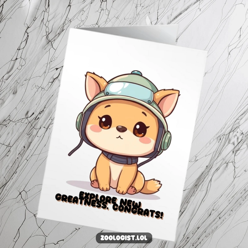 Funny Free Printable Congratulations Card: cute animal character wearing a pith helmet and looking around curiously, celebrating a new find.