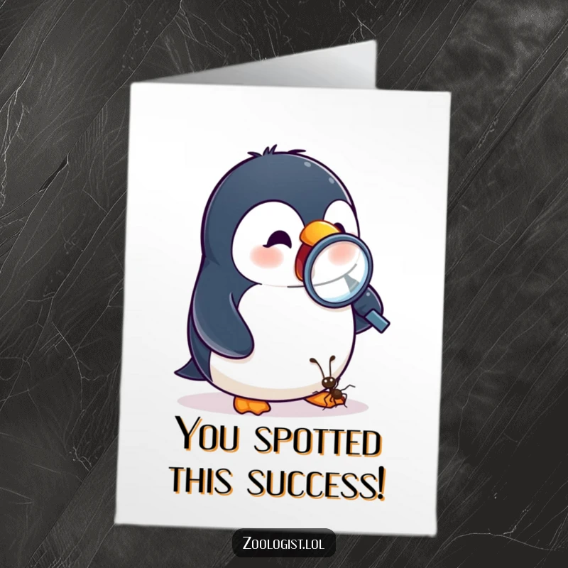 Funny Free Printable Congratulations Card: Excited penguin observing a tiny ant with a magnifying glass, discovering success.