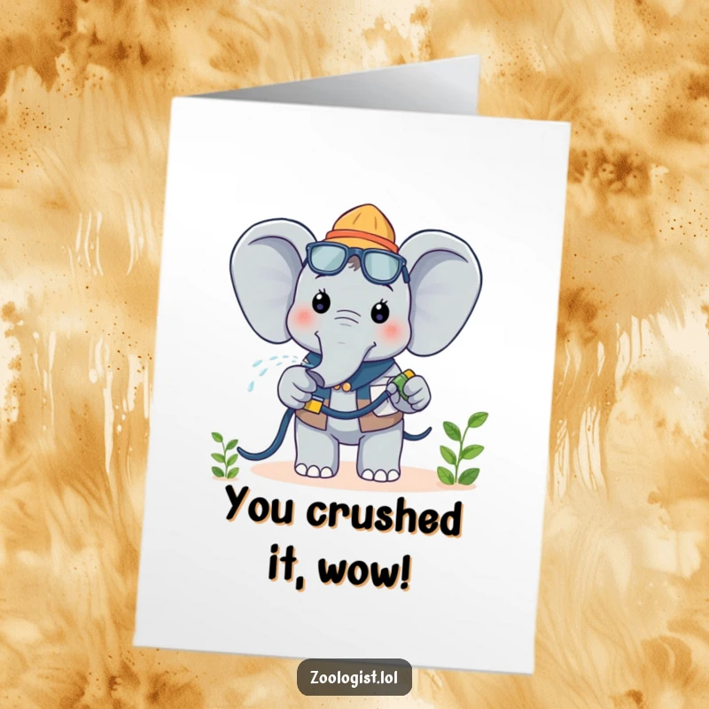 Funny Free Printable Congratulations Card of a happy Kawaii elephant zoologist watering a plant, celebrating good news with a refreshing touch.