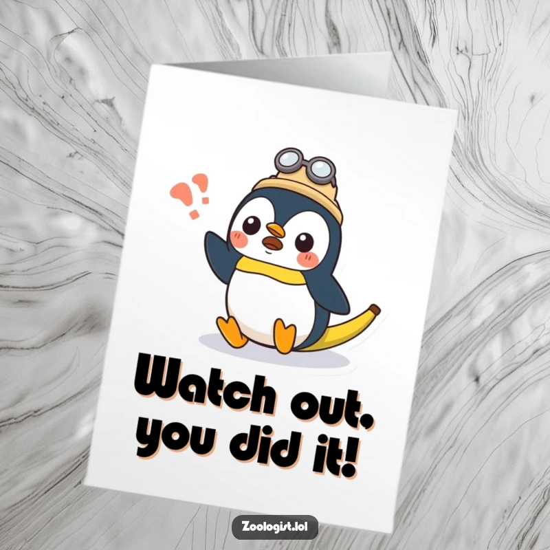 Funny Free Printable Congratulations Card: Surprised Kawaii penguin zoologist dramatically slipping on a bright yellow banana peel.