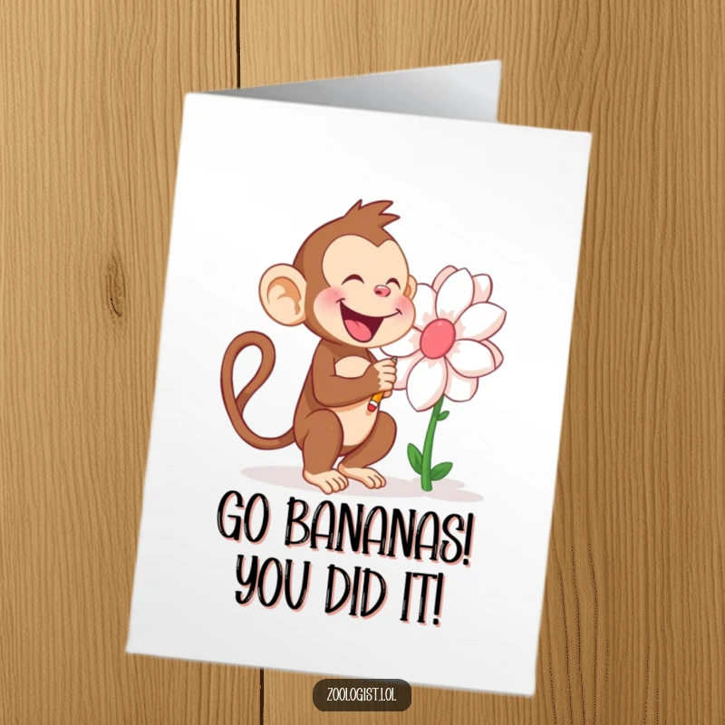 Funny Free Printable Congrats Card: A cheerful monkey sketches a large flower, celebrating success with artistic flair and humor.
