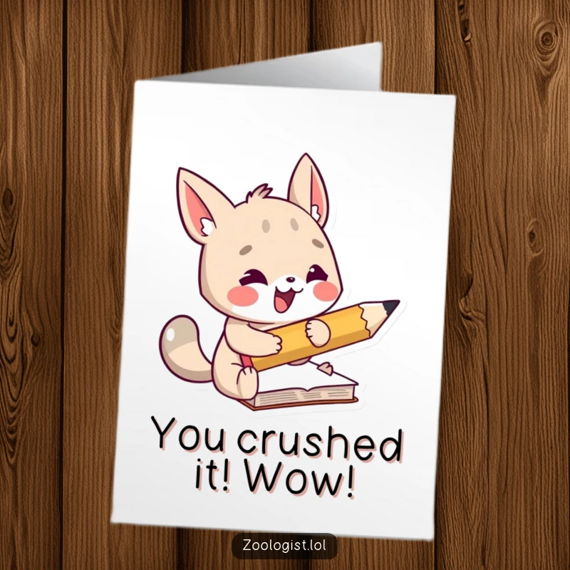 Funny Free Printable Congrats Card: Energetic animal diligently taking notes with an oversized pencil, congratulating success.