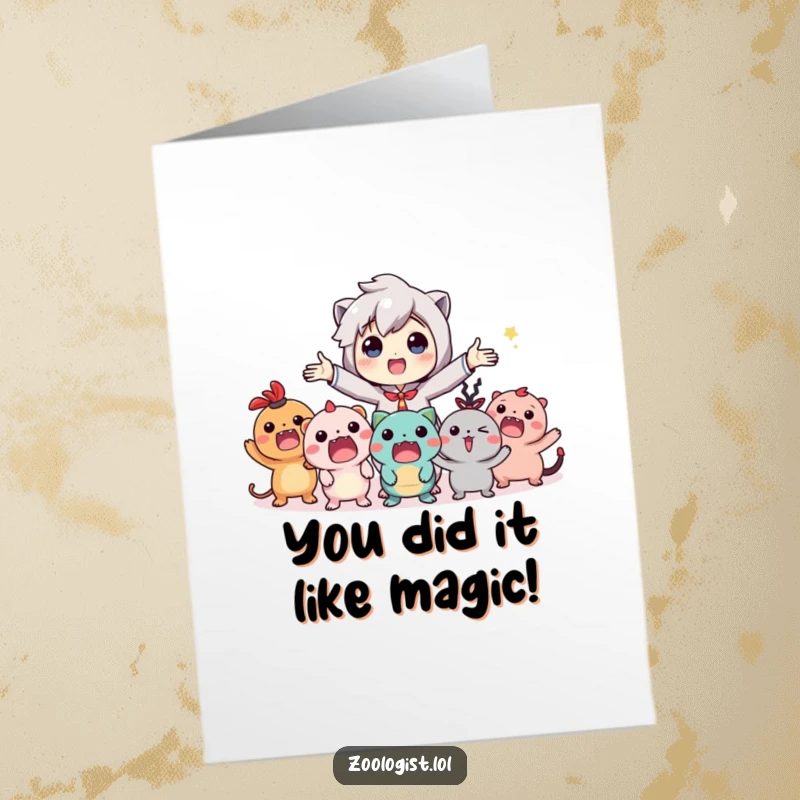 Funny Free Printable Congratulations Card: Character gestures wildly, sharing exciting news with a room full of delighted, imaginary creature-like guests.