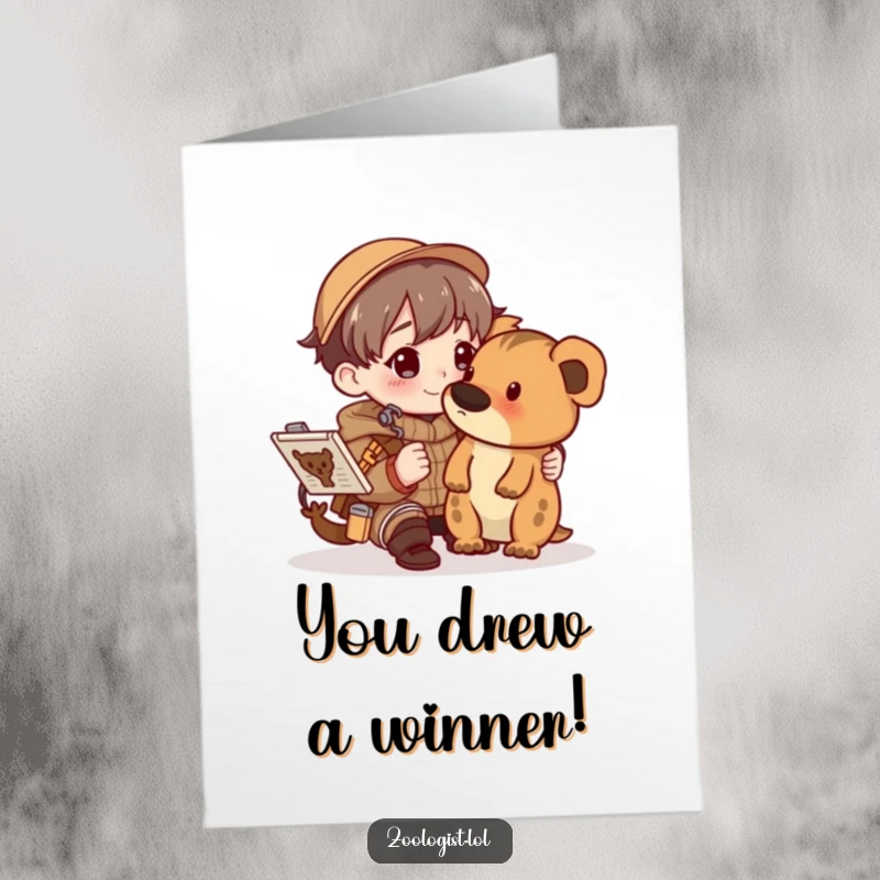 Funny Free Printable Congratulations Card: Character happily sketching a detailed animal in a field guide, celebrating a milestone.