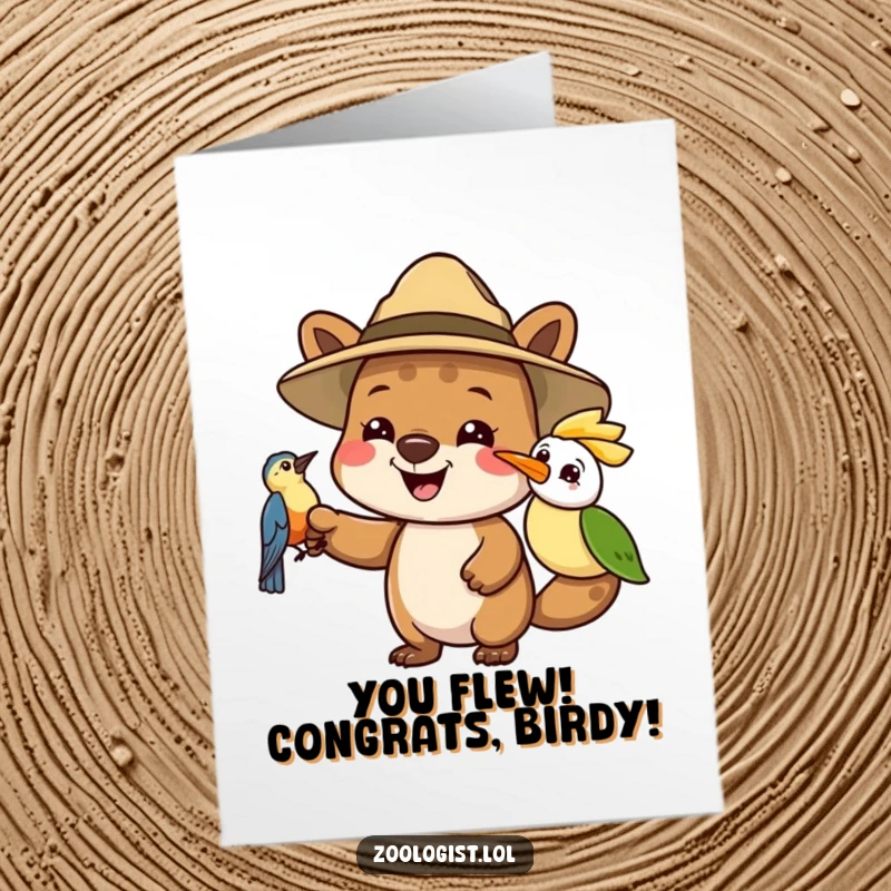 Funny free printable congratulations card: an animal explorer in a safari hat points at a curious, tiny bird.
