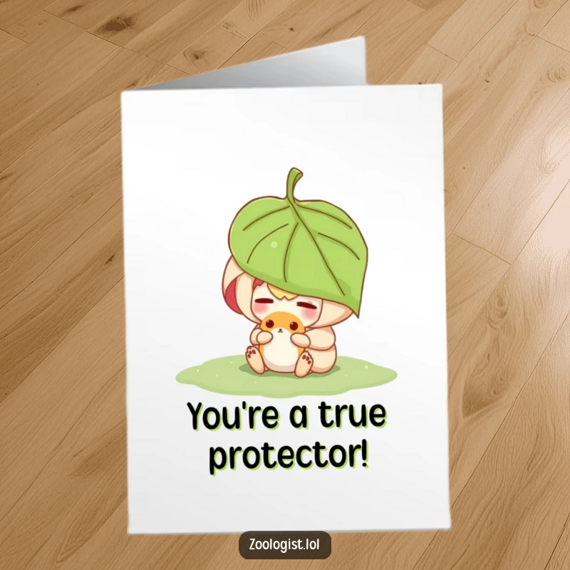 Funny Free Printable Congratulations Card: Character shelters a small animal under a leaf, symbolizing care for their success.