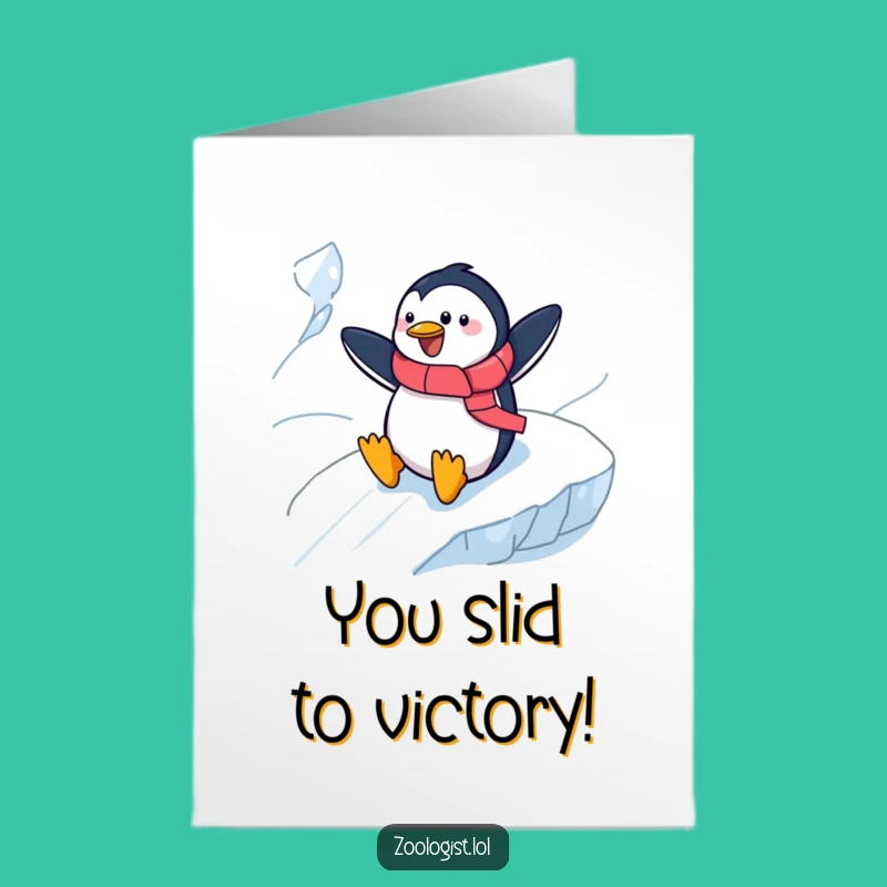 Free Printable Congrats Card: Cheerful Penguin Zoologist, Funny Slide-to-victory Downloadable