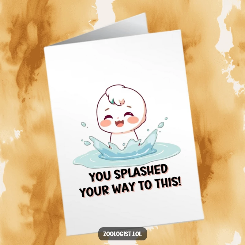 Free Printable Congratulations Card: Character gleefully jumps in a puddle with pure joy, celebratory art.