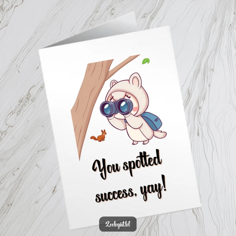 Funny Free Printable Congratulations Card: Cute character with binoculars excitedly spotting a distant, playful squirrel, celebrating success.