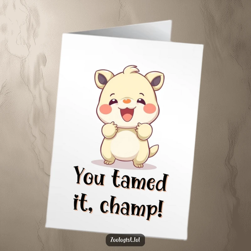 Funny Free Printable Congratulations Card: Character uses gentle hands to calm a spirited, bouncing creature, signifying a peaceful attainment of goals.