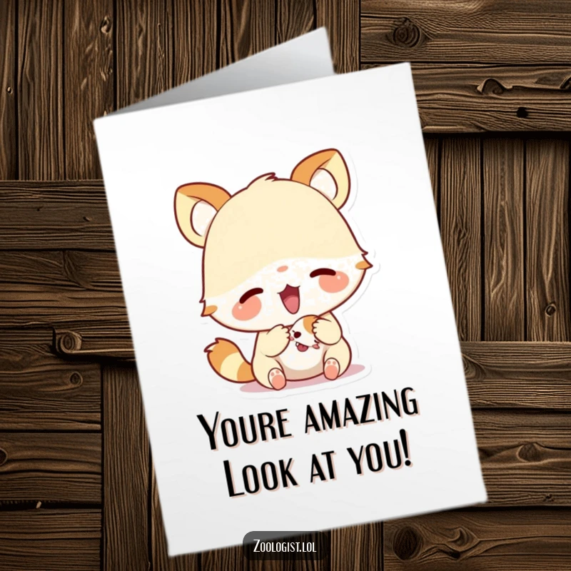 Funny Free Printable Congratulations Card featuring a cute animal intently examining a small creature, looking fascinated.