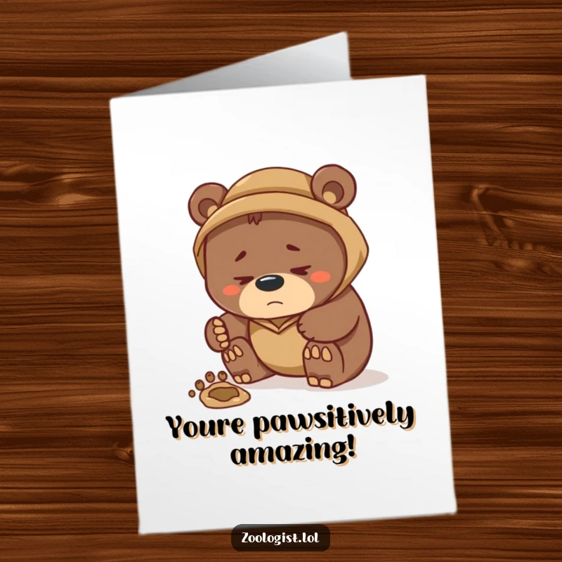 Funny Free Printable Congratulations Card: A thoughtful bear zoologist intently studying a large footprint, looking puzzled. Humorous achievement card.