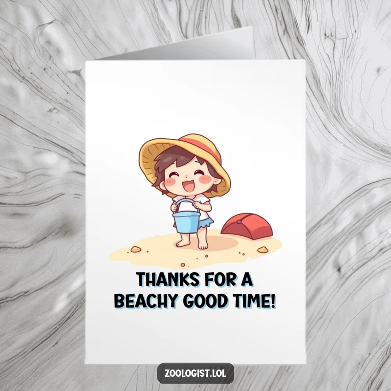 Funny Free Printable Thank You Card: Joyful character holding a tiny bucket and spade on a large beach, expressing thanks.