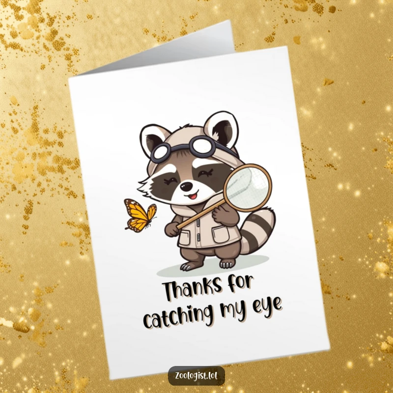 Funny free printable Kawaii raccoon zoologist offering a butterfly in a net as a thank you gesture.