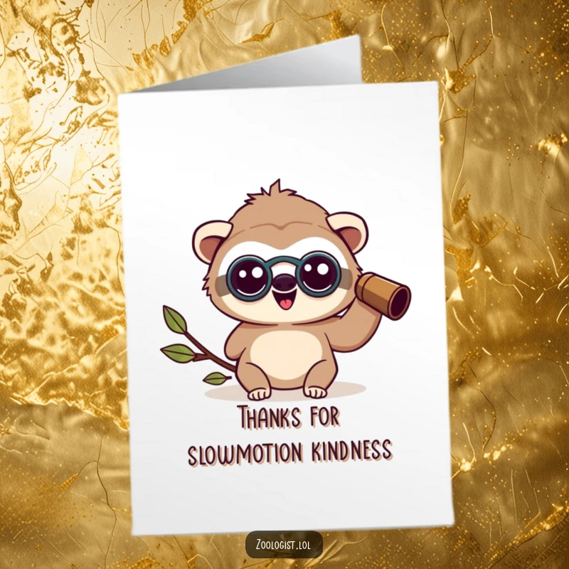 Funny Free Printable Thank You Card: Happy Kawaii sloth zoologist holding binoculars, looking amazed with wide eyes.