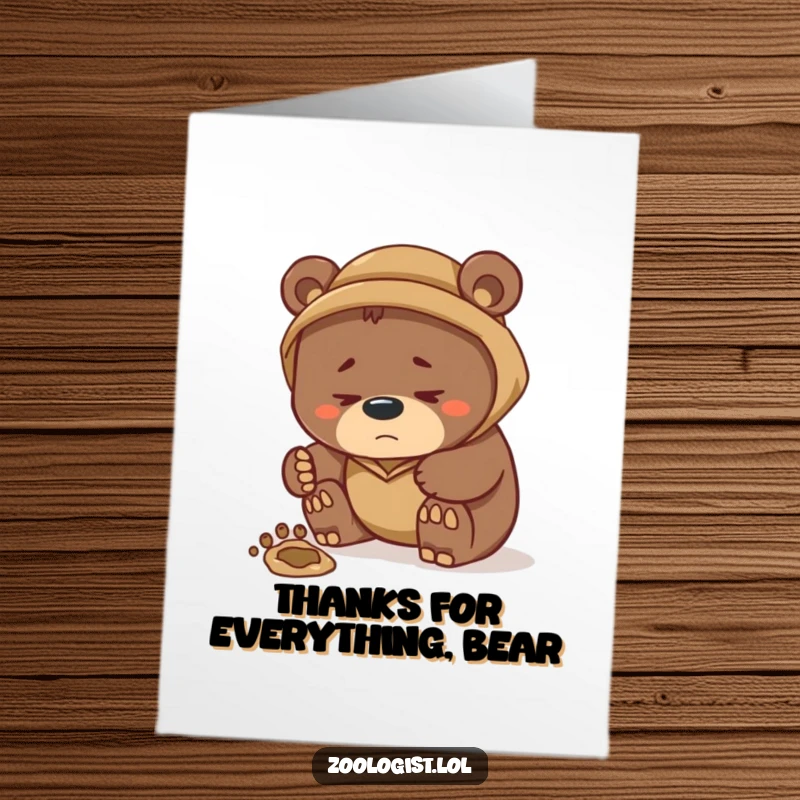 Funny Free Printable Thank You Card: A bear zoologist with a furrowed brow carefully examines a large animal footprint, a funny thank you.
