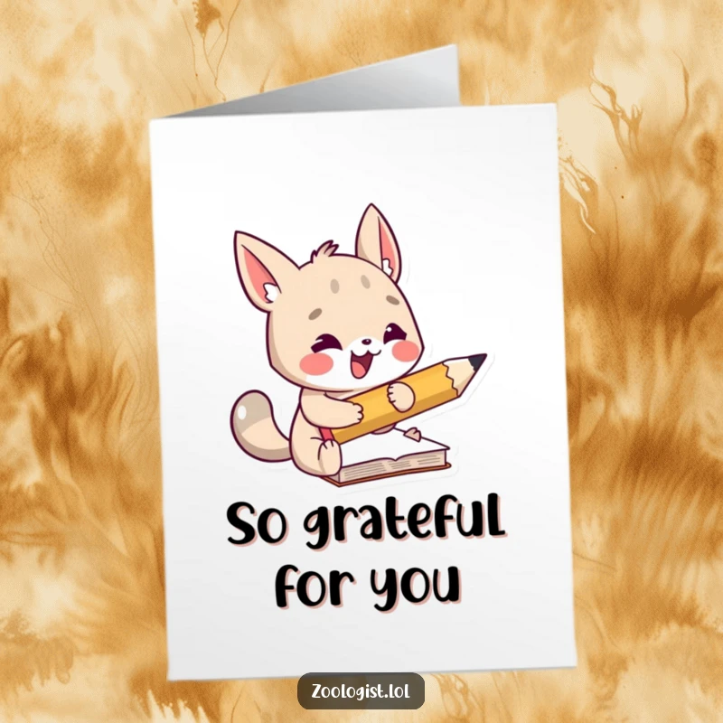 Funny Free Printable Thank You Card: Focused animal writing enthusiastically with a giant pencil, conveying gratitude.
