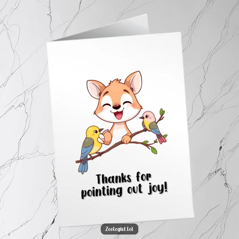 Funny Free Printable Thank You Card: happy animal gazer pointing at a small bird, expressing thanks with enthusiasm.