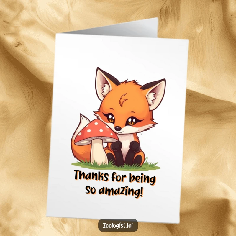 Funny Free Printable Thank You Card: A curious fox examines a mushroom, conveying thanks with adorable woodland charm.