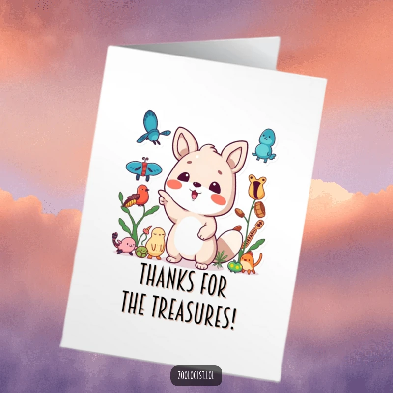 Funny Free Printable Thank You Card: An excited animal character gestures wildly at their beloved collection of specimens, a unique DIY gift.