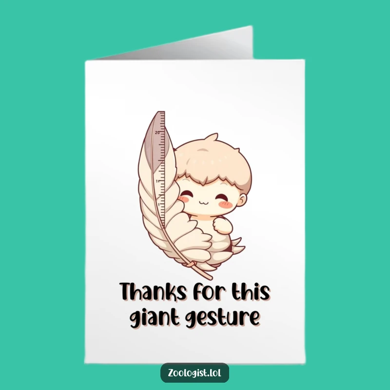 Free Printable Thank You Card: Feather Measuring Character for Funny Gratitude Downloadable Gift