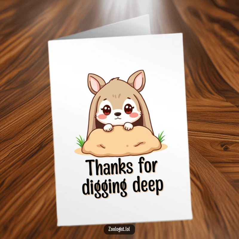 Funny Free Printable Thank You Card: Cute animal character peering into a burrow with a quizzical expression, showing thoughtful thanks.