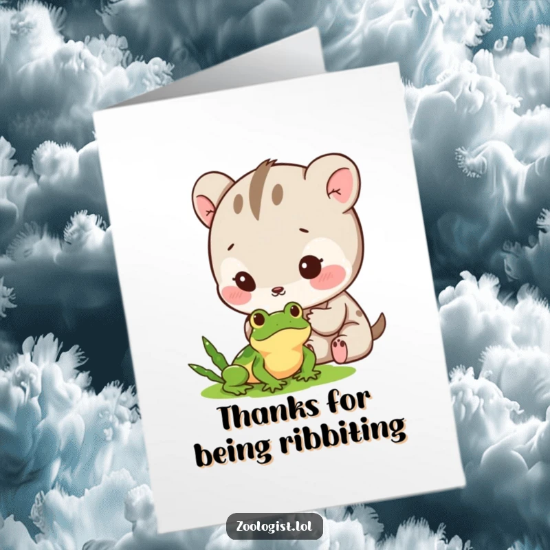 Funny Free Printable Thank You Card: Cute animal character looking at a tiny frog with gentle excitement, conveying thanks.