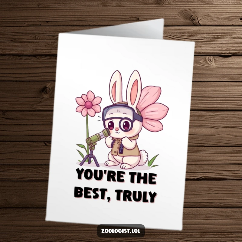 Funny Free Printable Thank You Card with a determined Kawaii rabbit zoologist examining a huge flower, a unique way to say thanks.
