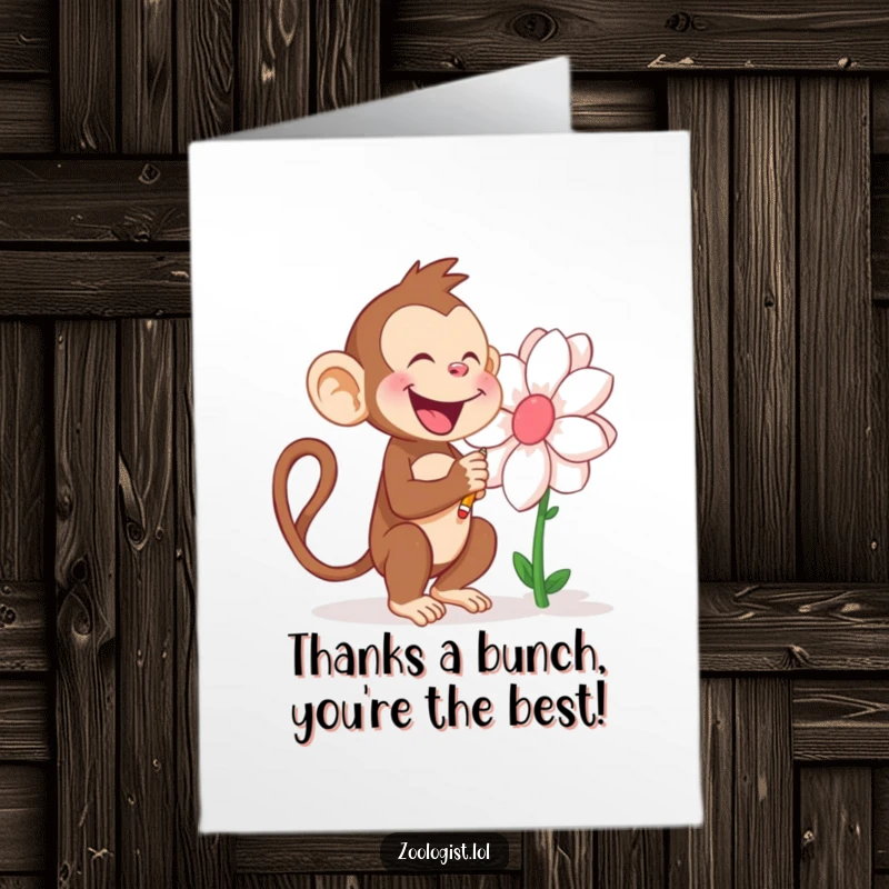 Funny Free Printable Thank You Card: A joyful monkey sketches a large flower, conveying thanks with creative and colorful charm.
