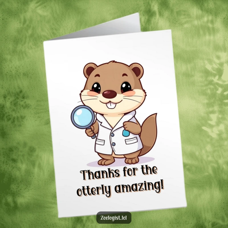 Funny Free Printable Thank You Card: Otter scientist with magnifying glass thanks someone for their sharp insights, a humorous gesture.