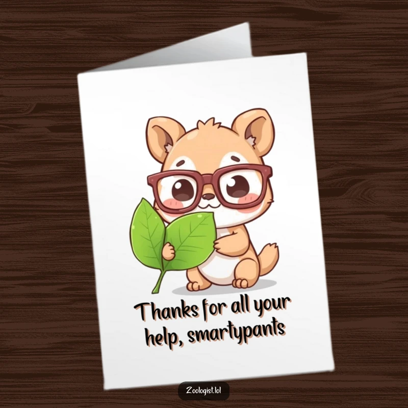Funny Free Printable Thank You Card: Cute animal character with oversized glasses looking at a leaf, a thoughtful and amusing gesture.