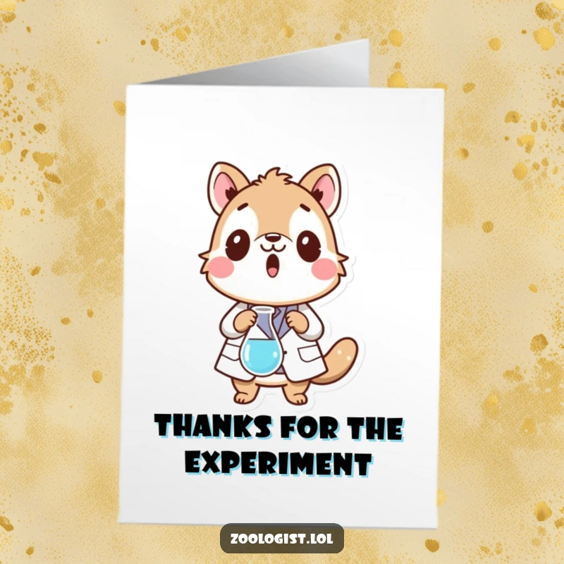 Funny Free Printable Thank You Card: Surprised animal in a lab coat dropping a beaker, a humorous expression of thanks download.