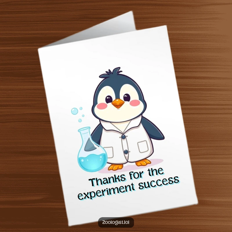 Funny free printable thank you card: a penguin scientist wearing a lab coat reacts with surprise to a vigorously bubbling beaker.