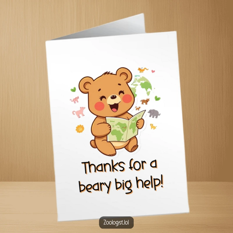 Funny Free Printable Thank You Card: Joyful bear consulting a map of habitats, humorously thanking for directions.