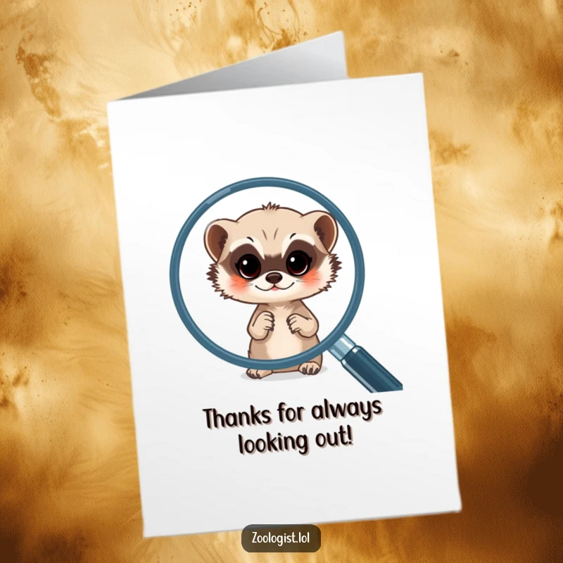Funny Free Printable Thank You Card: A meerkat using a magnifying glass to examine a small gift with a grateful expression.