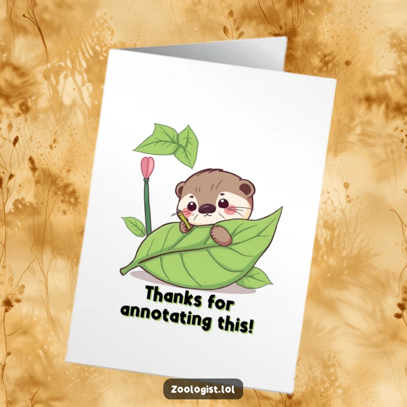 Funny Free Printable Thank You Card: Curious otter meticulously annotating a giant leaf, giving thanks.