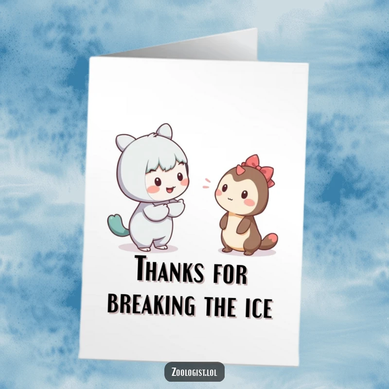 Funny Free Printable Thank You Card: Character patiently communicates with a timid creature, conveying thanks with downloadable empathy.