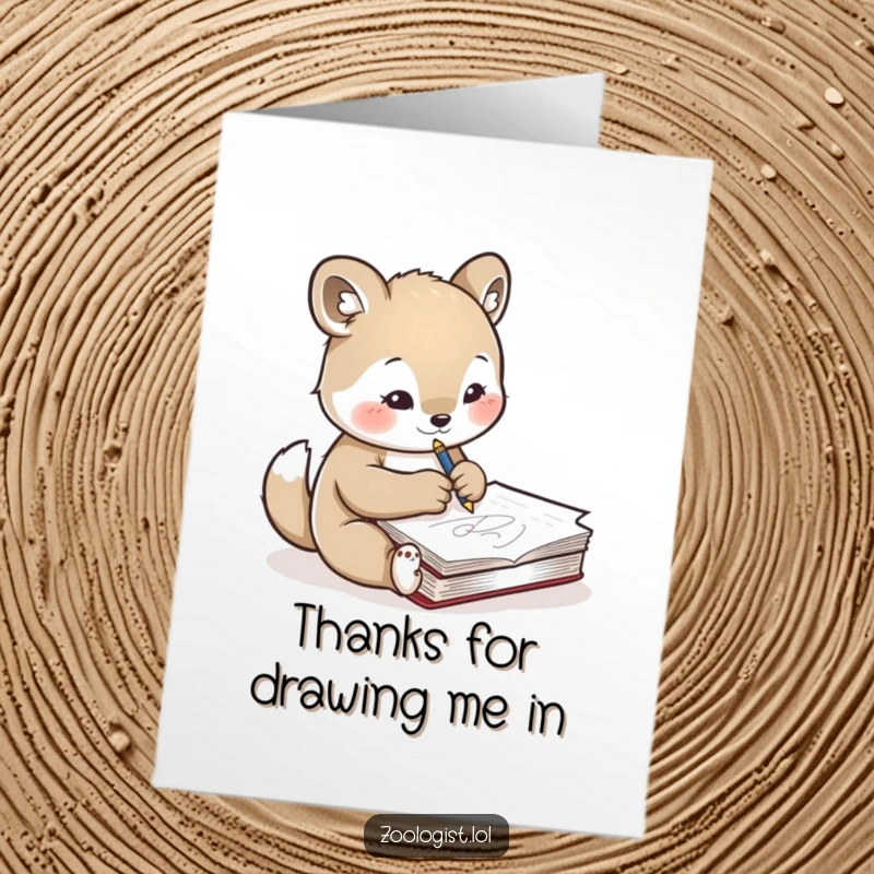 Funny Free Printable Thank You Card: cute animal character sketching an animal in a notebook with concentration, appreciating their talent.