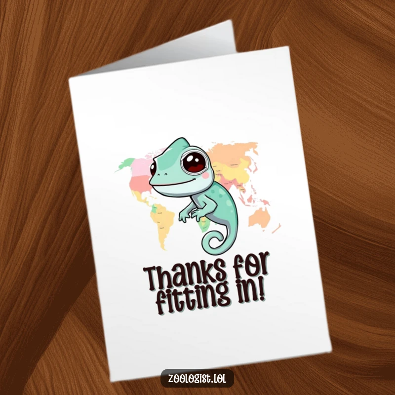 Funny Free Printable Thank You Card: A smiling chameleon blending into a world map, subtly showing thanks.