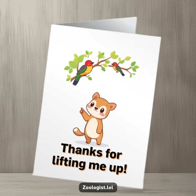 Funny Free Printable Thank You Card: Cute animal pointing up at a colorful bird in a tree, expressing gratitude with a smile.