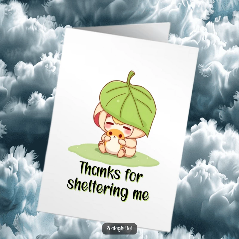 Funny Free Printable Thank You Card: Character shelters a small animal under a leaf, showing profound appreciation.
