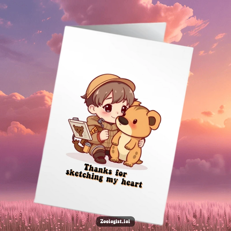 Funny Free Printable Thank You Card: Character happily sketching a detailed animal in a field guide, showing appreciation.