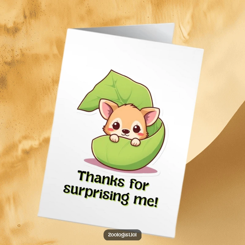 Funny Free Printable Thank You Card: Curious animal character peeking from behind a giant leaf, offering a surprise thank you.