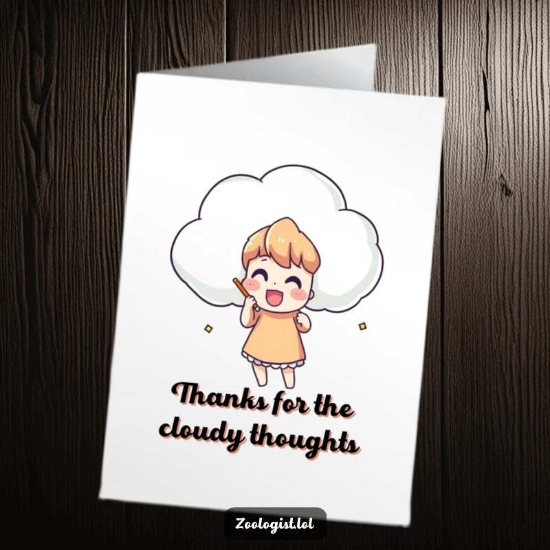 Funny Free Printable Thank You Card: Character sketches a comical, oddly shaped cloud, conveying thanks with downloadable artistry.