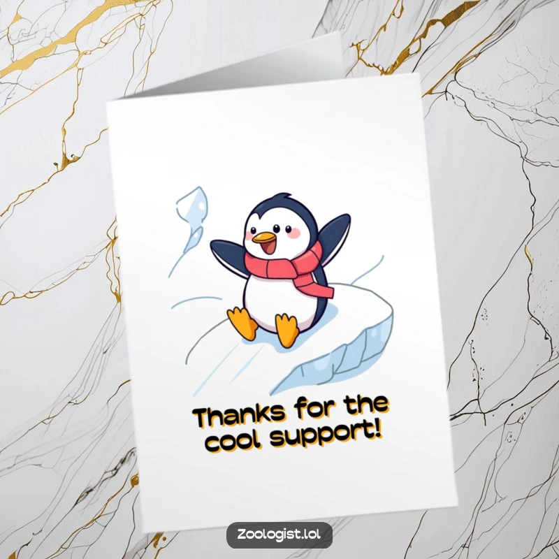 Funny Free Printable Thank You Card featuring a cheerful penguin zoologist sliding down an icy slope, showing thanks.